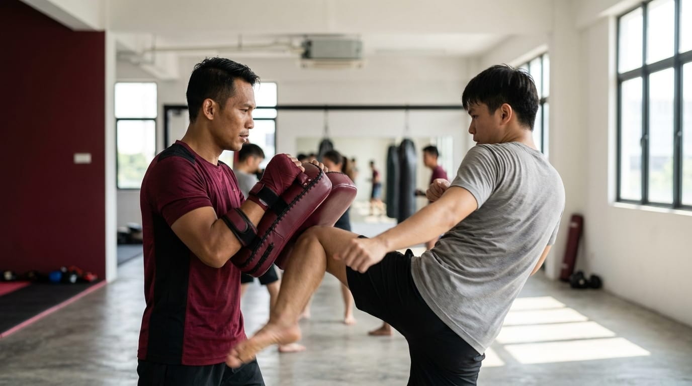 combat fitness coach Malaysia - 200+ FCS founding coach holding Muay Thai pads in Tampin training hall
