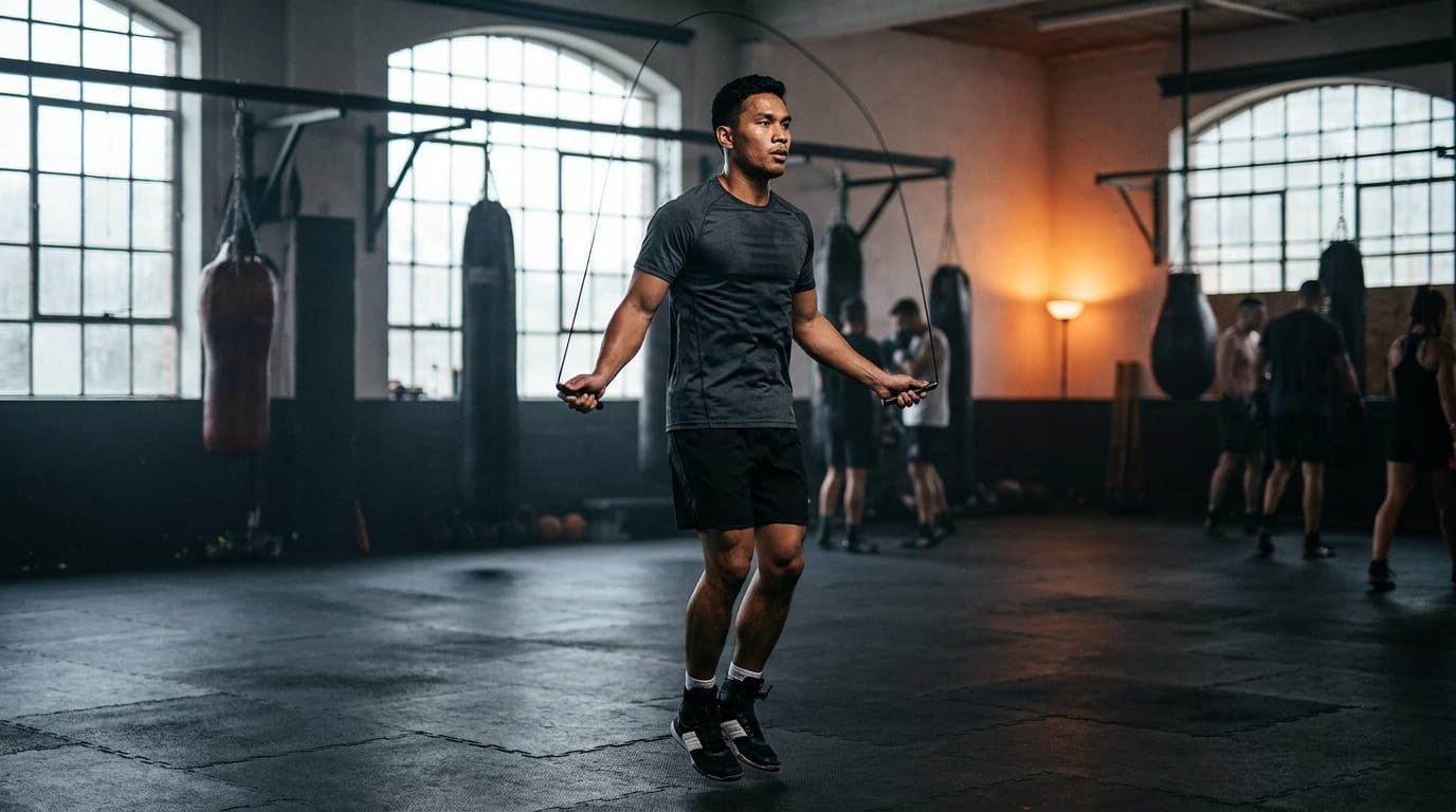 Jump rope for boxing — boxer performing the boxer skip with a speed rope in a combat gym