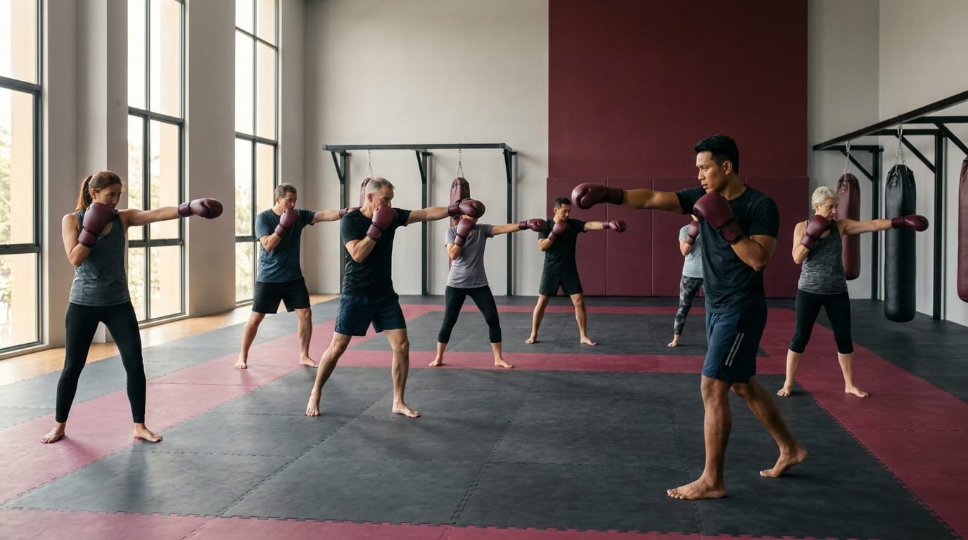 kickboxing instructor Malaysia leading a group combat fitness class at 200+ FCS