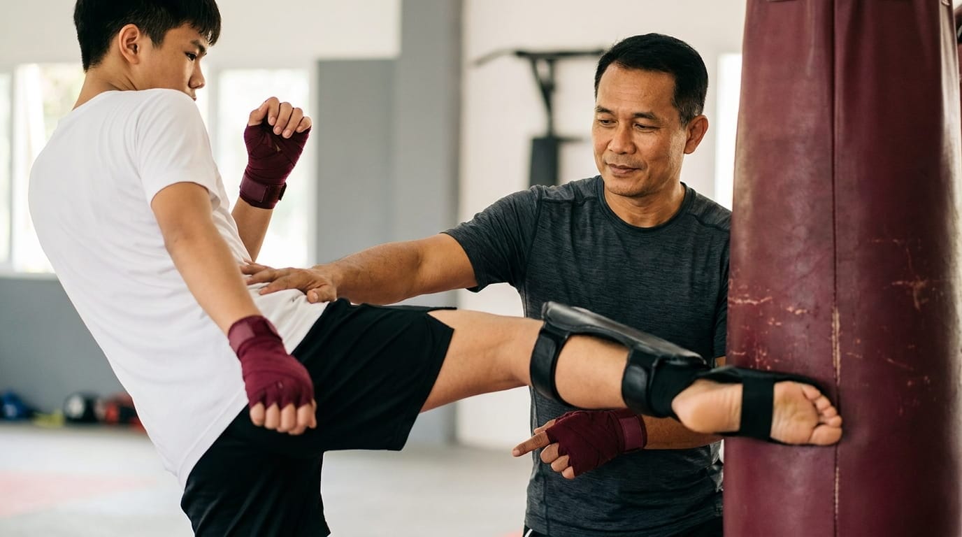 Muay Thai coach Negeri Sembilan correcting roundhouse kick form during fitness coach recruitment in Tampin