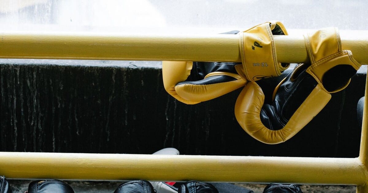 various colored boxing gloves hanging on gym railings