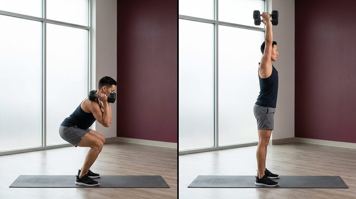common dumbbell thruster mistakes — dropped elbows and lifted heels vs clean overhead lockout